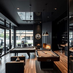 A modern men's barbershop featuring a sleek, black-themed design