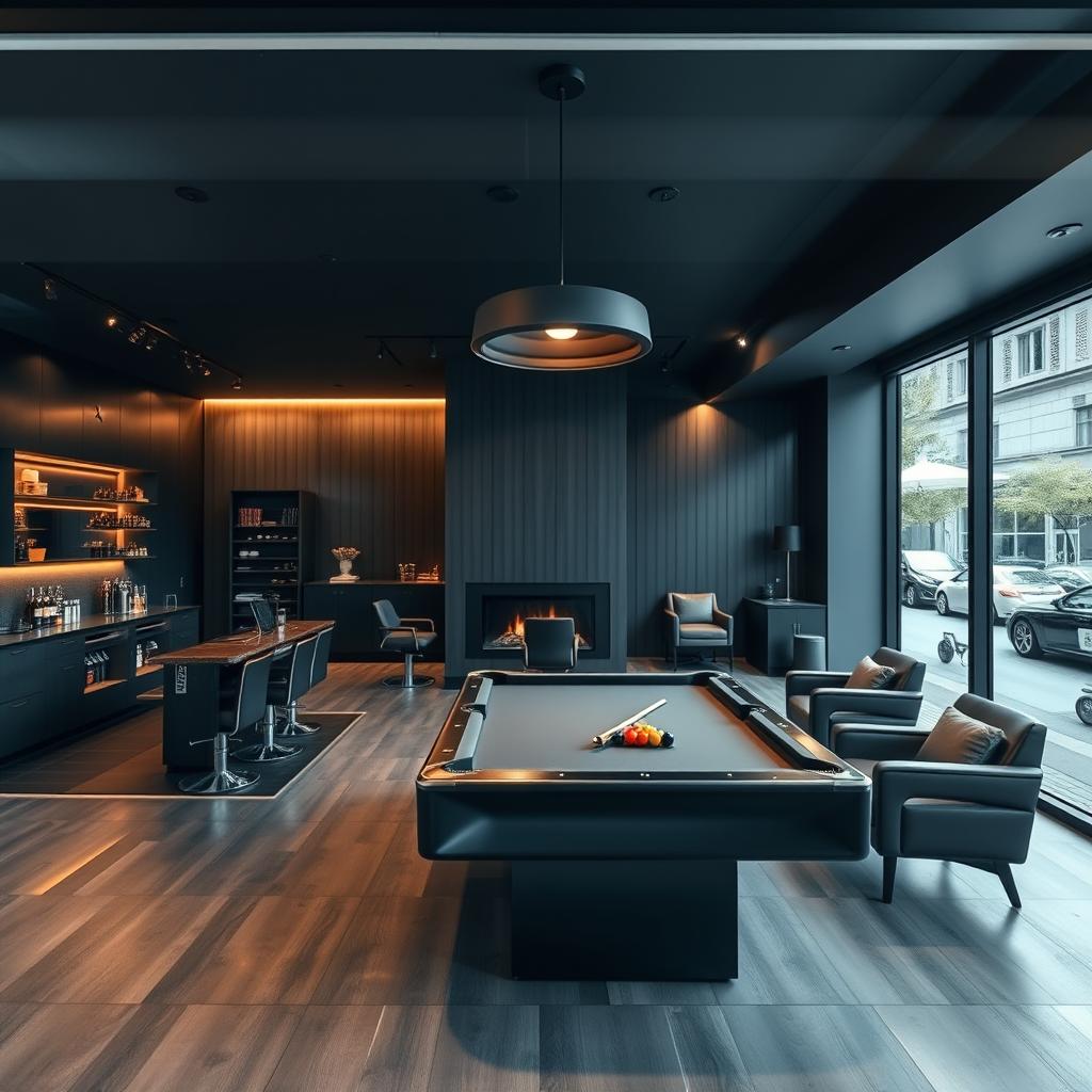 A modern men's barbershop featuring a sleek, black-themed design