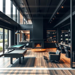 A modern men's barbershop featuring a sleek, black-themed design