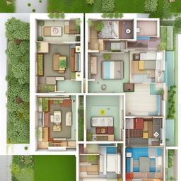 An architectural design of a 1000 sq.ft. plot consisting of multiple 1BHK flats, cleverly distributed to maximize space.