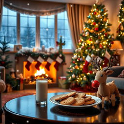 A cozy living room filled with Christmas decorations, featuring a beautifully adorned Christmas tree with twinkling lights and colorful ornaments