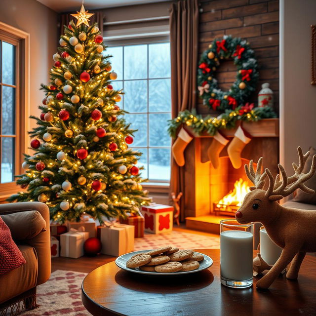 A cozy living room filled with Christmas decorations, featuring a beautifully adorned Christmas tree with twinkling lights and colorful ornaments