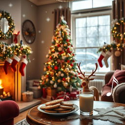 A cozy living room filled with Christmas decorations, featuring a beautifully adorned Christmas tree with twinkling lights and colorful ornaments