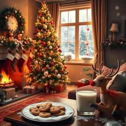 A cozy living room filled with Christmas decorations, featuring a beautifully adorned Christmas tree with twinkling lights and colorful ornaments