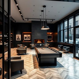 A modern men's barbershop with a sleek, black-themed design that exudes elegance