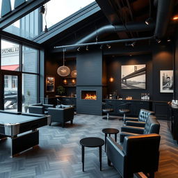 A modern men's barbershop with a sleek, black-themed design that exudes elegance