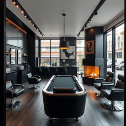 A modern men's barbershop with a sleek, black-themed design that exudes elegance