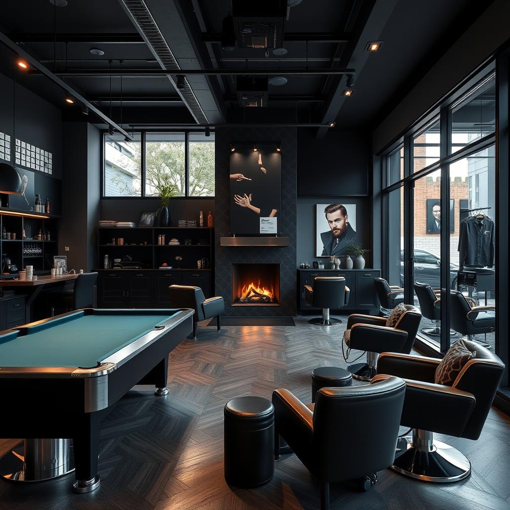 A modern men's barbershop with a sleek, black-themed design that exudes elegance