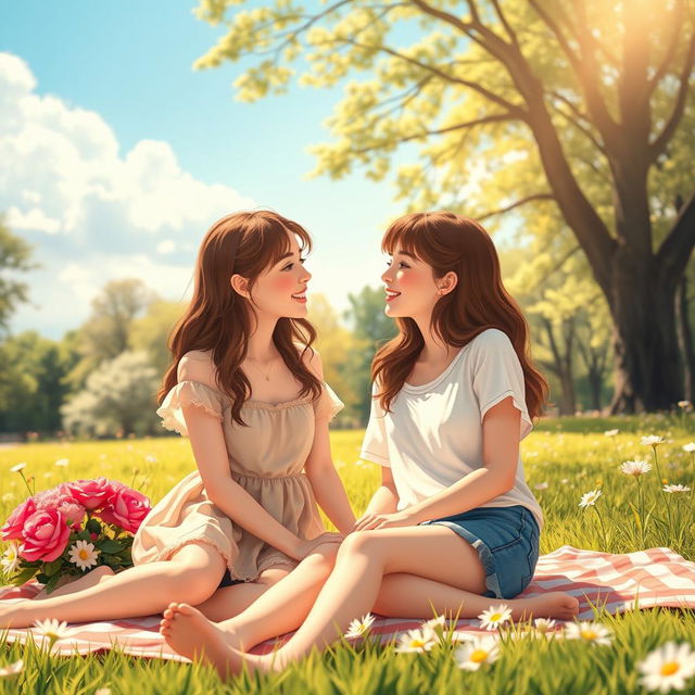 A romantic and tender scene between two young women in a serene park setting, enjoying a warm sunny day