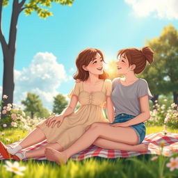 A romantic and tender scene between two young women in a serene park setting, enjoying a warm sunny day