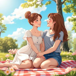 A romantic and tender scene between two young women in a serene park setting, enjoying a warm sunny day