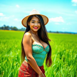 A stunning Indonesian farmer woman with large, round breasts, playfully posing in a vibrant green rice field