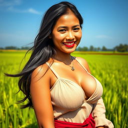 A strikingly beautiful Indonesian farmer woman, blessed with large, round breasts, exuding charm and playfulness