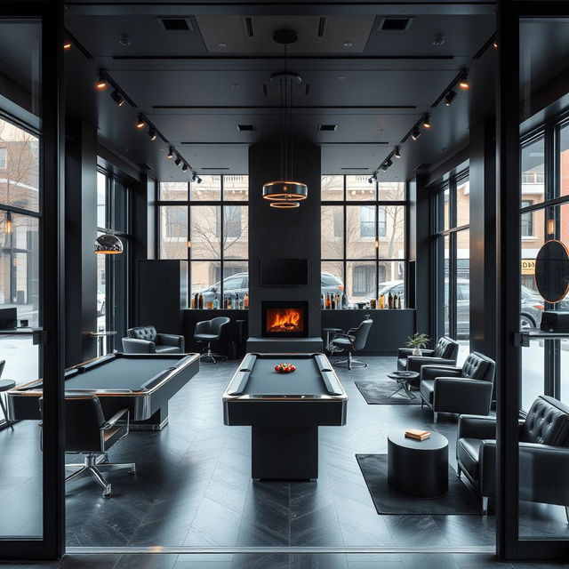 A sleek, modern men's barbershop featuring an elegant black-themed design