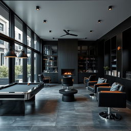 A sleek, modern men's barbershop featuring an elegant black-themed design