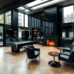 A sleek, modern men's barbershop featuring an elegant black-themed design