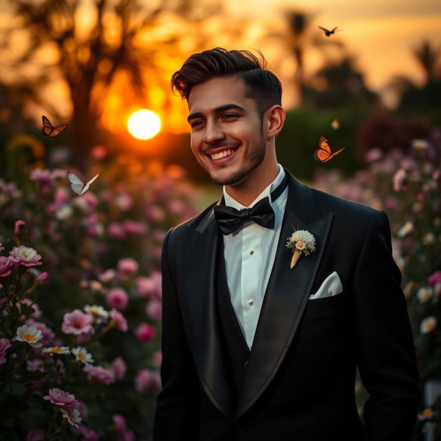 An elegant groom in traditional attire, standing in a beautiful garden filled with blooming flowers