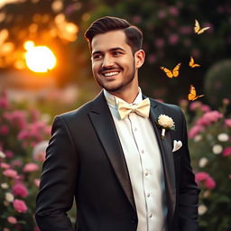 An elegant groom in traditional attire, standing in a beautiful garden filled with blooming flowers