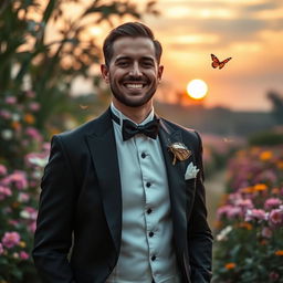 An elegant groom in traditional attire, standing in a beautiful garden filled with blooming flowers