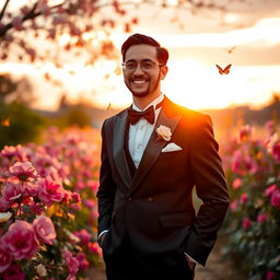 An elegant groom in traditional attire, standing in a beautiful garden filled with blooming flowers