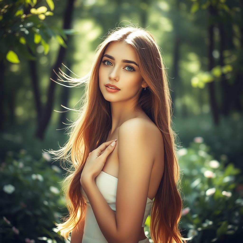 A beautiful young woman standing in a serene forest, softly illuminated by the sunlight filtering through the leaves