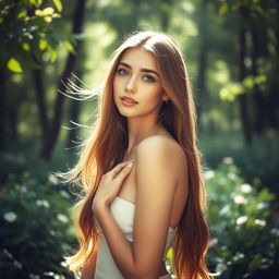 A beautiful young woman standing in a serene forest, softly illuminated by the sunlight filtering through the leaves