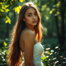 A beautiful young woman standing in a serene forest, softly illuminated by the sunlight filtering through the leaves