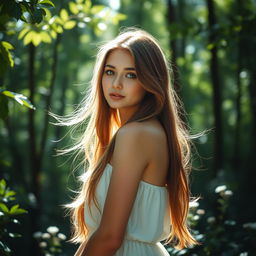 A beautiful young woman standing in a serene forest, softly illuminated by the sunlight filtering through the leaves