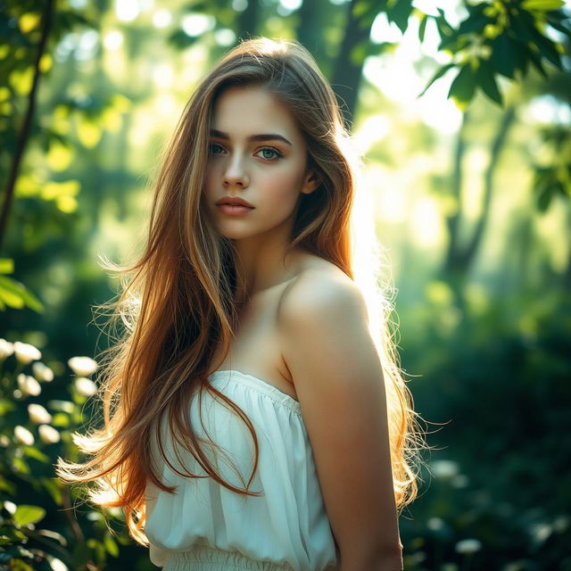 A beautiful young woman standing in a serene forest, softly illuminated by the sunlight filtering through the leaves