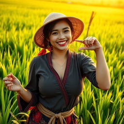 A beautiful Indonesian woman with very large, round breasts, dressed in traditional farmer attire, playfully striking a flirty pose amidst lush green rice fields