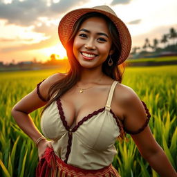 A beautiful Indonesian woman with very large, round breasts, dressed in traditional farmer attire, playfully striking a flirty pose amidst lush green rice fields