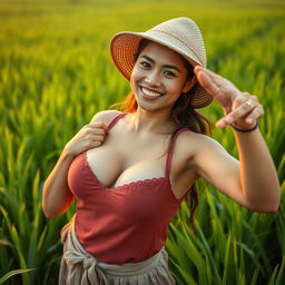 A beautiful Indonesian woman with very large, round breasts, dressed in traditional farmer attire, playfully striking a flirty pose amidst lush green rice fields