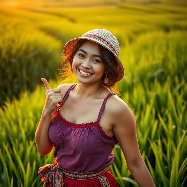 A beautiful Indonesian woman with very large, round breasts, dressed in traditional farmer attire, playfully striking a flirty pose amidst lush green rice fields