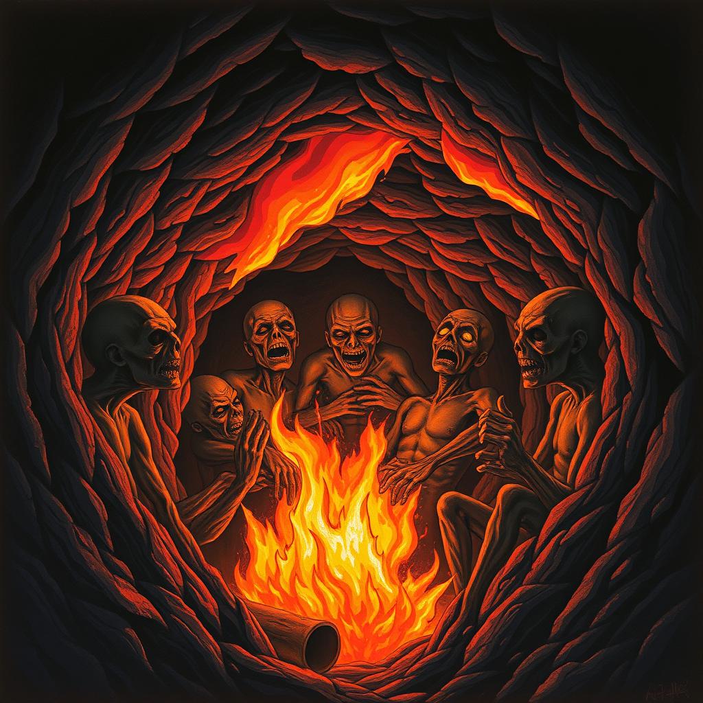 A surreal and dark illustration depicting humanoid figures trapped in tight holes surrounded by flames