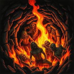 A surreal and dark illustration depicting humanoid figures trapped in tight holes surrounded by flames