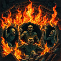 A surreal and dark illustration depicting humanoid figures trapped in tight holes surrounded by flames