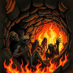 A surreal and dark illustration depicting humanoid figures trapped in tight holes surrounded by flames
