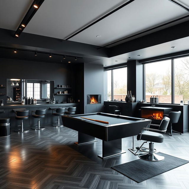 A sleek, modern men's barbershop featuring a striking black-themed design