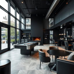 A sleek, modern men's barbershop featuring a striking black-themed design