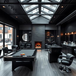 A sleek, modern men's barbershop featuring a striking black-themed design