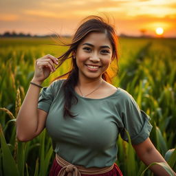 A beautiful Indonesian woman with very large, round breasts, wearing traditional farmer attire, playfully posing in a lush green rice field