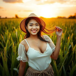 A beautiful Indonesian woman with very large, round breasts, wearing traditional farmer attire, playfully posing in a lush green rice field