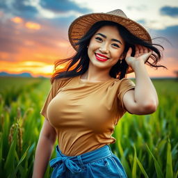 A beautiful Indonesian woman with very large, round breasts, wearing traditional farmer attire, playfully posing in a lush green rice field