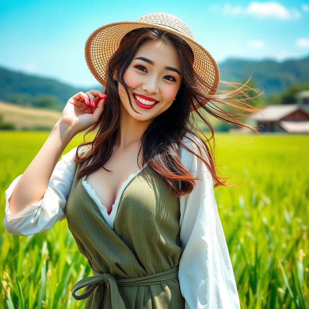 A beautiful South Korean woman with very large, round breasts, wearing traditional farming attire, playfully posing in a picturesque rice field