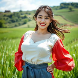 A beautiful South Korean woman with very large, round breasts, wearing traditional farming attire, playfully posing in a picturesque rice field