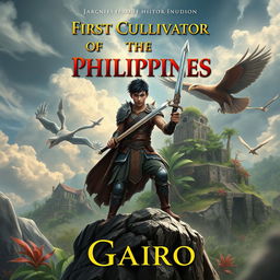 A thrilling book cover featuring a young Filipino male warrior, clad in traditional and modern hybrid armor, wielding a mystical sword