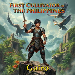 A thrilling book cover featuring a young Filipino male warrior, clad in traditional and modern hybrid armor, wielding a mystical sword