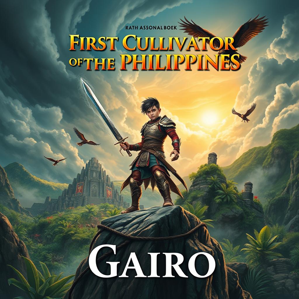 A thrilling book cover featuring a young Filipino male warrior, clad in traditional and modern hybrid armor, wielding a mystical sword