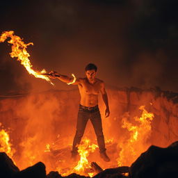 A dramatic scene of a person standing in a deep pit surrounded by flames and smoke