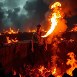 A dramatic scene of a person standing in a deep pit surrounded by flames and smoke